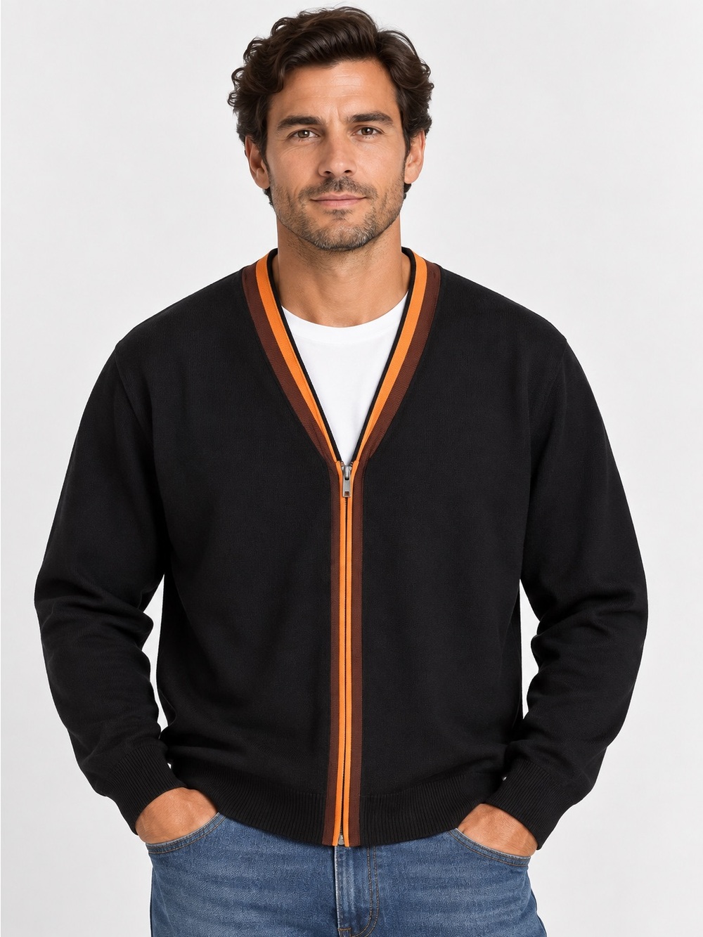 Murano Black Zipper Cardigan with Orange and Brown Lining